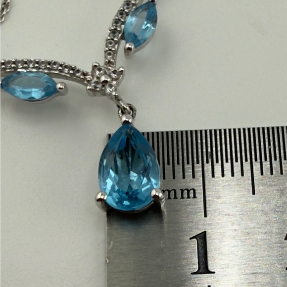 Blue Topaz & White Sapphire Tear Drop Necklace New - Picture 10 of 15